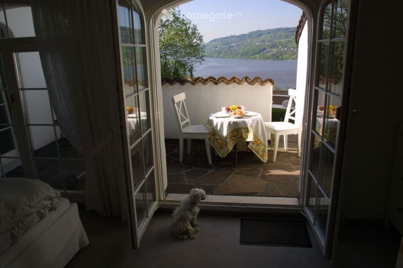 Balcony with a scenic view of a lake and mountains, featuring a small table and chairs, and a dog sitting near the entrance.