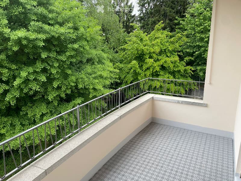 Balcony with metal railing, tiled floor, and lush green trees in the background.
