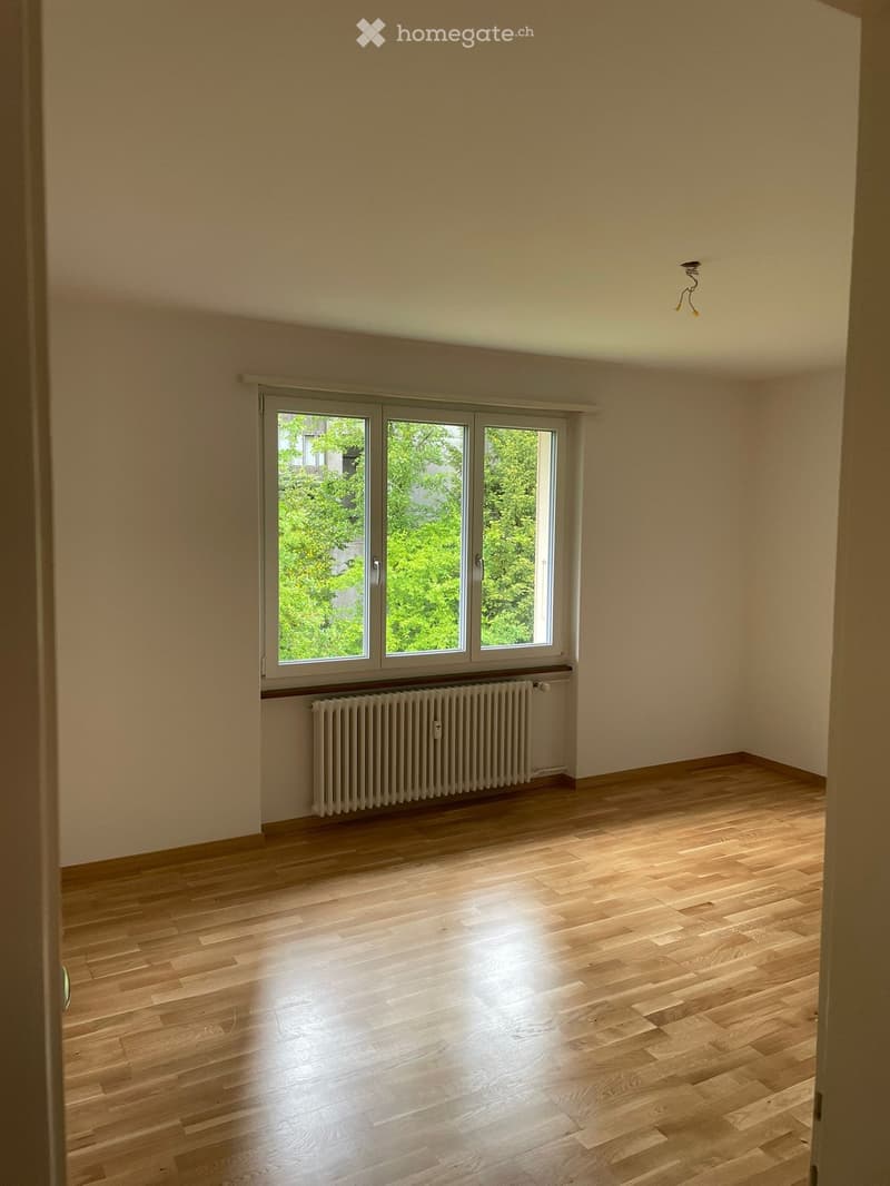 Empty room with wooden flooring, large windows, radiator, and a ceiling light fixture.