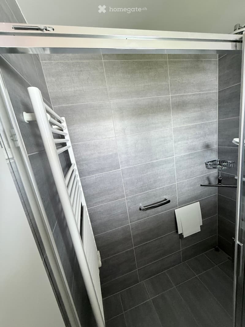Modern bathroom with grey tiled walls and floor, white towel rack, and a folded towel on the wall.