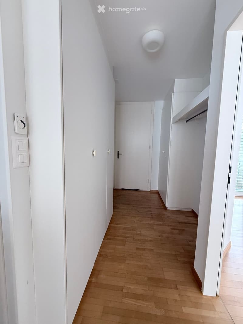 Clean, minimalist hallway with light wooden flooring, white walls, and a built-in shelf unit on the right side. The ceiling has a recessed light fixture, and there are several doors leading to other rooms.