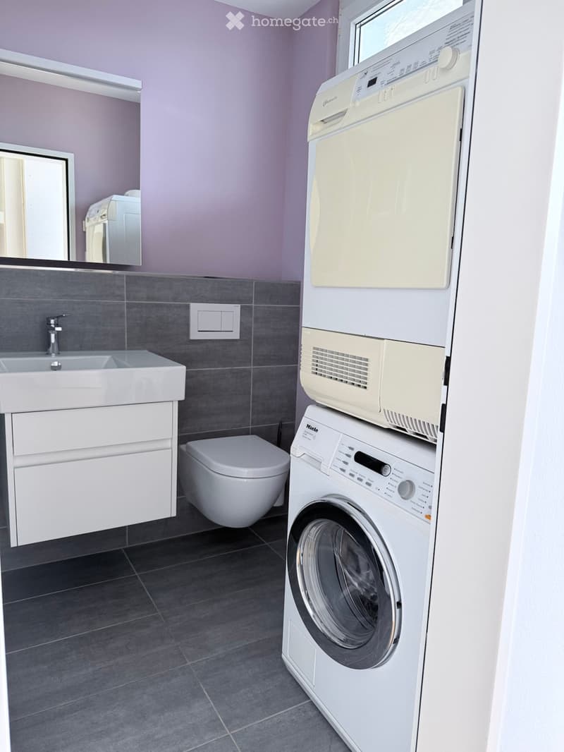 Modern bathroom with a white sink, mirror, toilet, and stacked washing machine and dryer. Grey tiled walls and dark tiled floor.