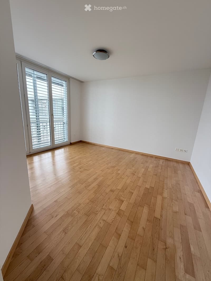 Empty room with light wooden flooring, white walls, large sliding glass door with blinds, and a ceiling light fixture.