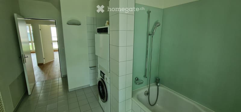 Bathroom with a bathtub, shower, washing machine, and a door leading to another room.