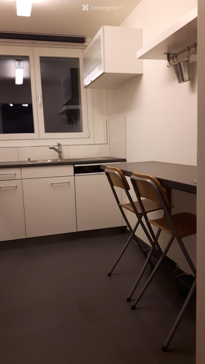 Modern kitchen with white cabinets, stainless steel sink, dishwasher, and two folding chairs near a counter.