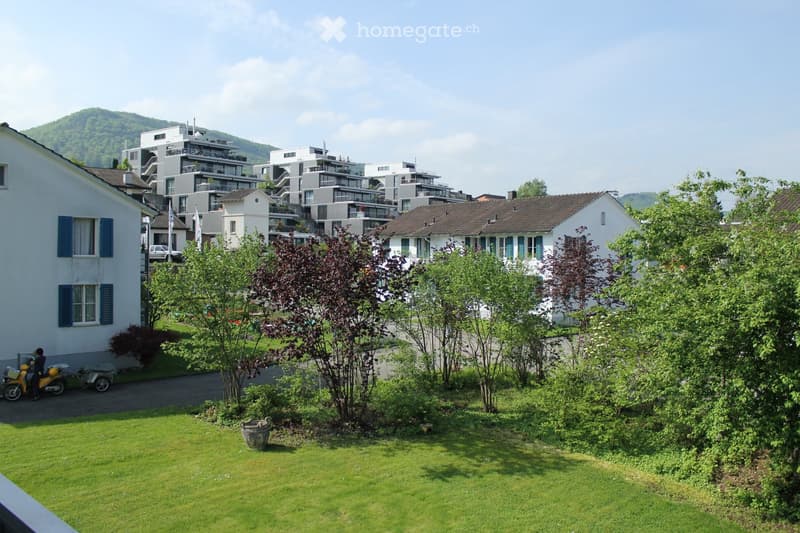 A well-maintained garden area with green grass, trees, and shrubs, surrounded by residential buildings and a clear blue sky.