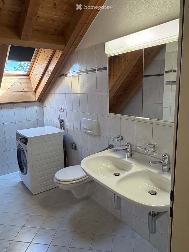 Modern bathroom with a double sink, toilet, integrated washing machine, large mirror, and skylight window.