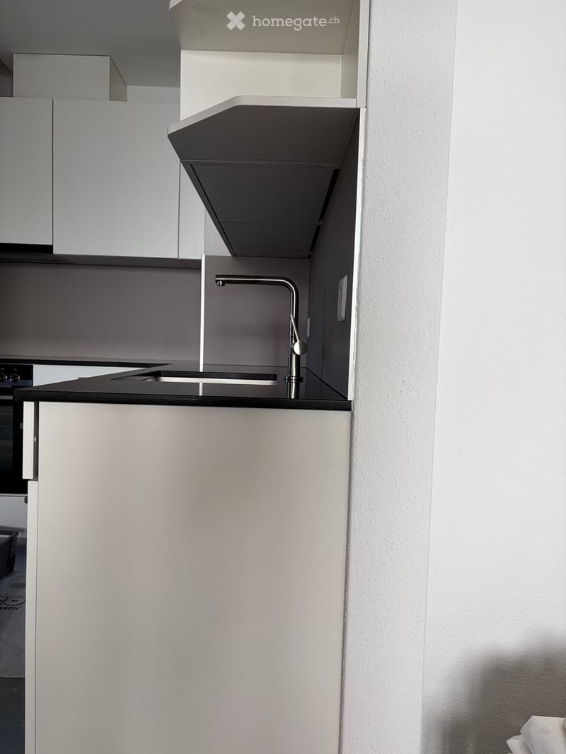 Modern kitchen with sleek white cabinets, a black countertop, and a stainless steel faucet.