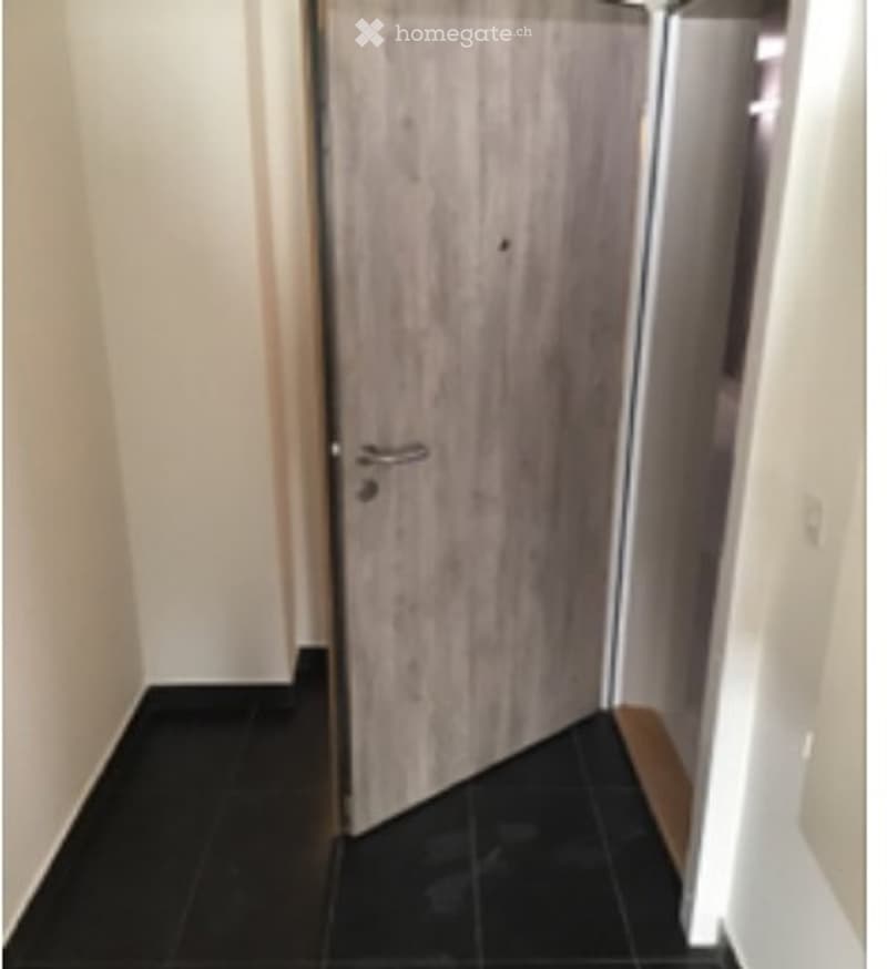 A narrow hallway with a closed wooden door on the right and a partially visible open door on the left. The floor is covered with black tiles, and the walls are painted in a light color.