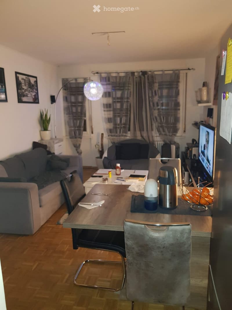 A modern living room with a grey sofa, a wooden dining table with chairs, a refrigerator, a television, and a floor lamp. The room features wooden flooring, large windows with curtains, and a potted plant on a side table.