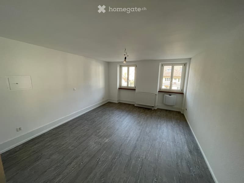empty room, white walls, wooden floor, two windows, radiator, power outlet