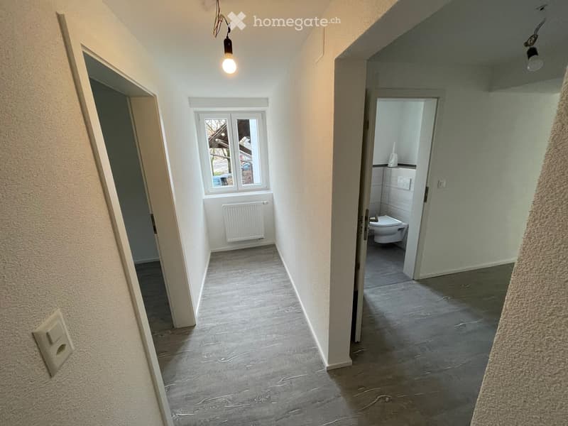 Corridor with white walls and tiled floor, window, light fixture, toilet and radiator