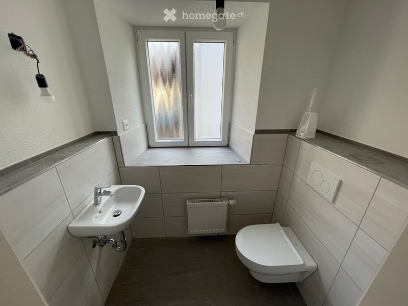 small bathroom with toilet, sink, and window with radiator