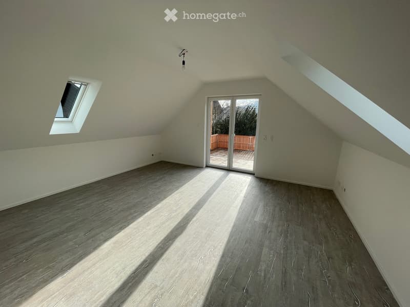 empty room, grey wood floor, white walls, double windows, skylight, balcony access