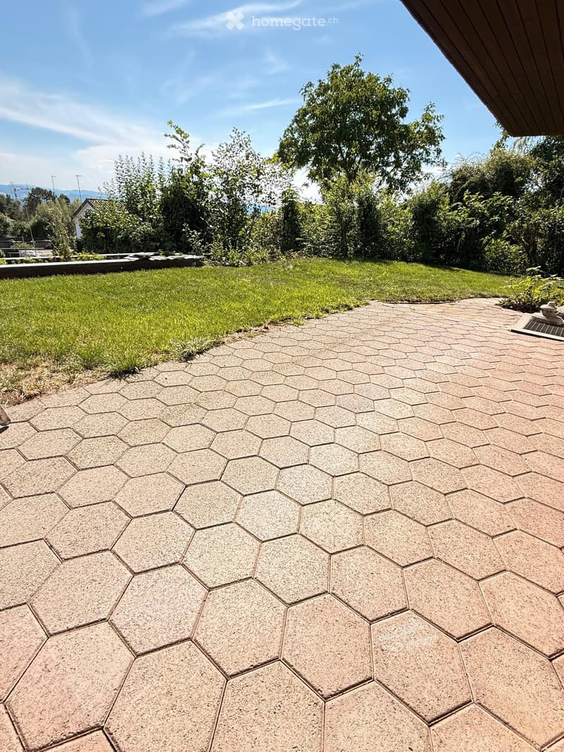 Well-maintained garden with a hexagonal stone patio, green lawn, and surrounding trees.