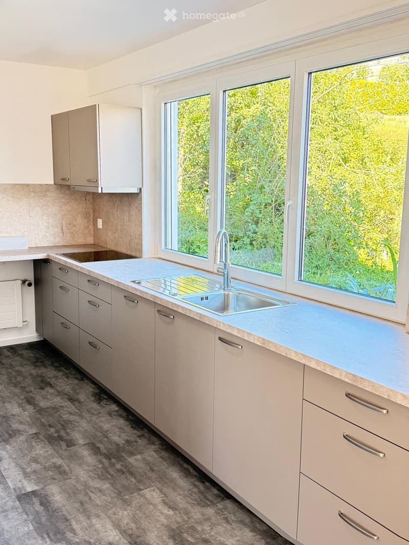 Modern kitchen with light-colored cabinets, a stainless steel sink, and large windows overlooking greenery.
