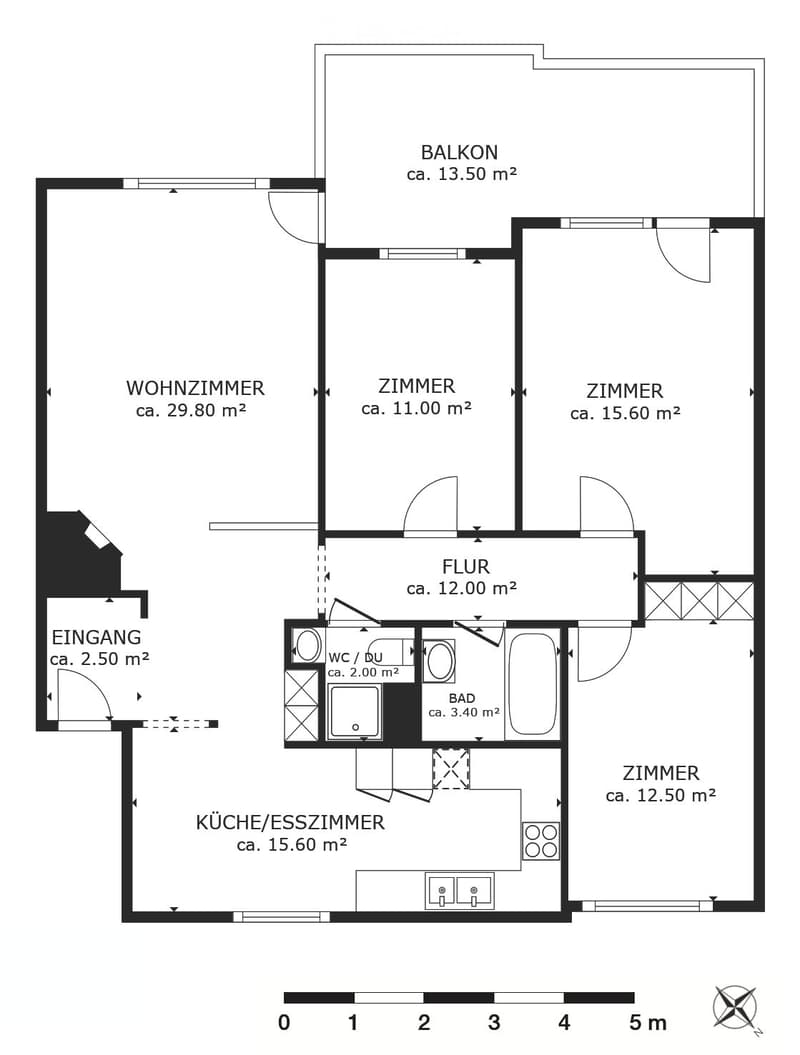 Floor plan of an apartment with a living room, kitchen/dining room, two bedrooms, hallway, bathroom, and balcony.
