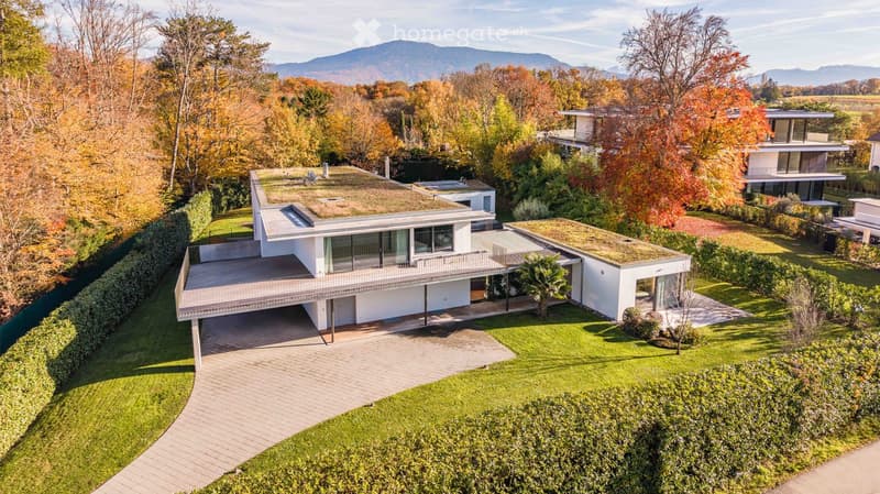 Modern house with a flat roof, large windows, and a spacious garden surrounded by trees and autumn foliage.
