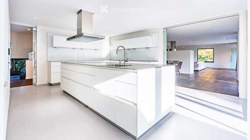 Modern white kitchen with a central island, stainless steel faucet, and range hood. Open plan connects to a living area with a sofa and large windows.