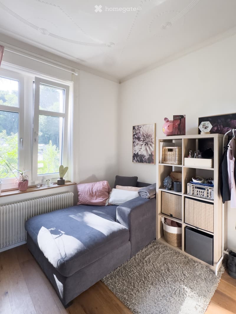 Cozy living room with a blue sofa, pink and white cushions, a wooden shelf with various items, a small plant on the windowsill, and a framed picture on the wall.