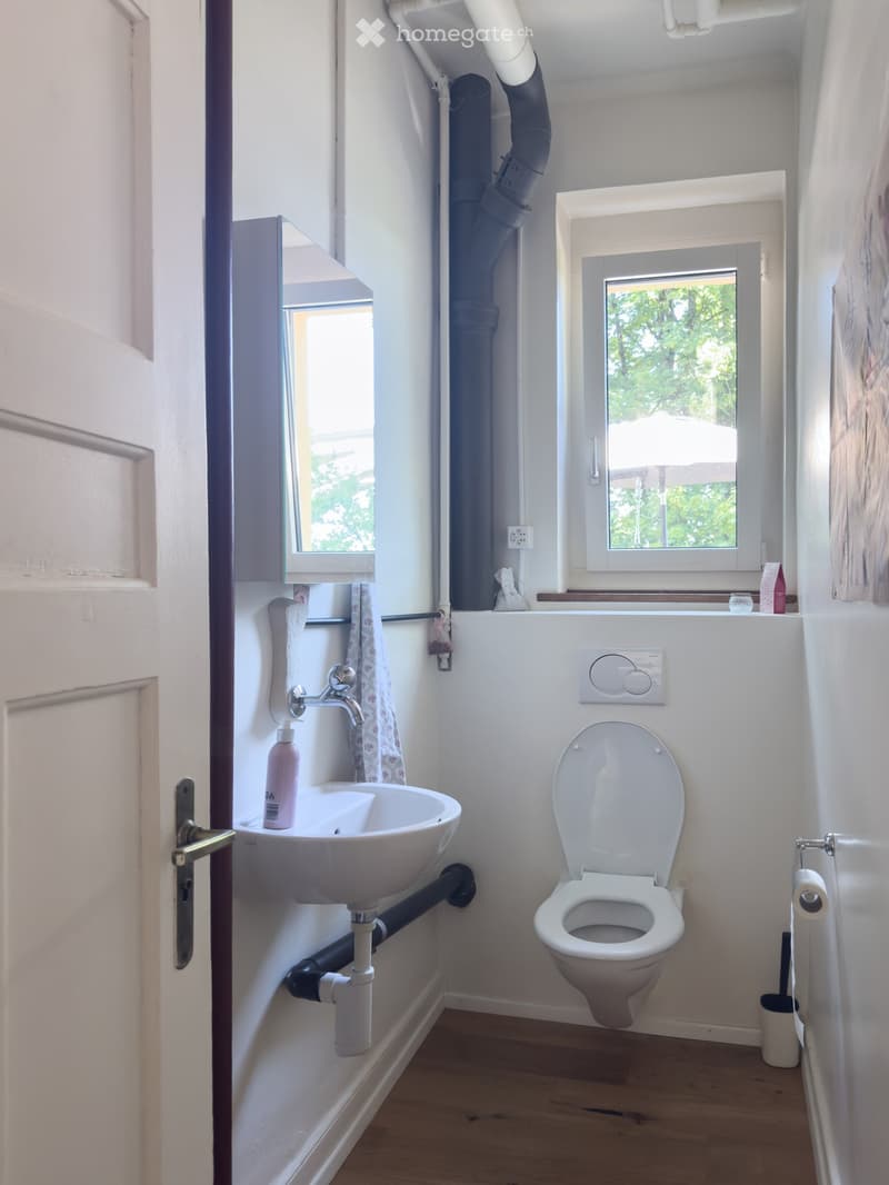 Compact bathroom with a white sink, faucet, toilet, and mirror. Features wooden flooring and white walls.