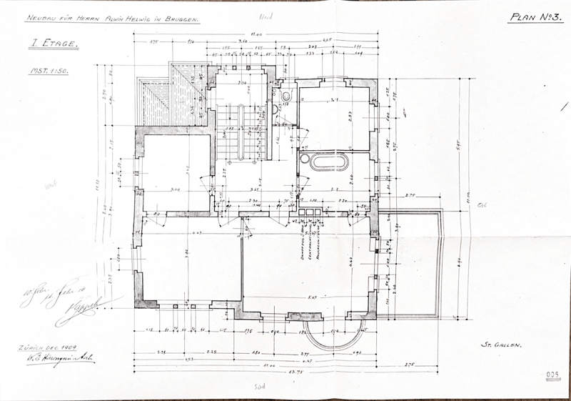 Architectural floor plan of the first floor, showing room dimensions, layout, and structural details. Includes labeled measurements and room numbers.