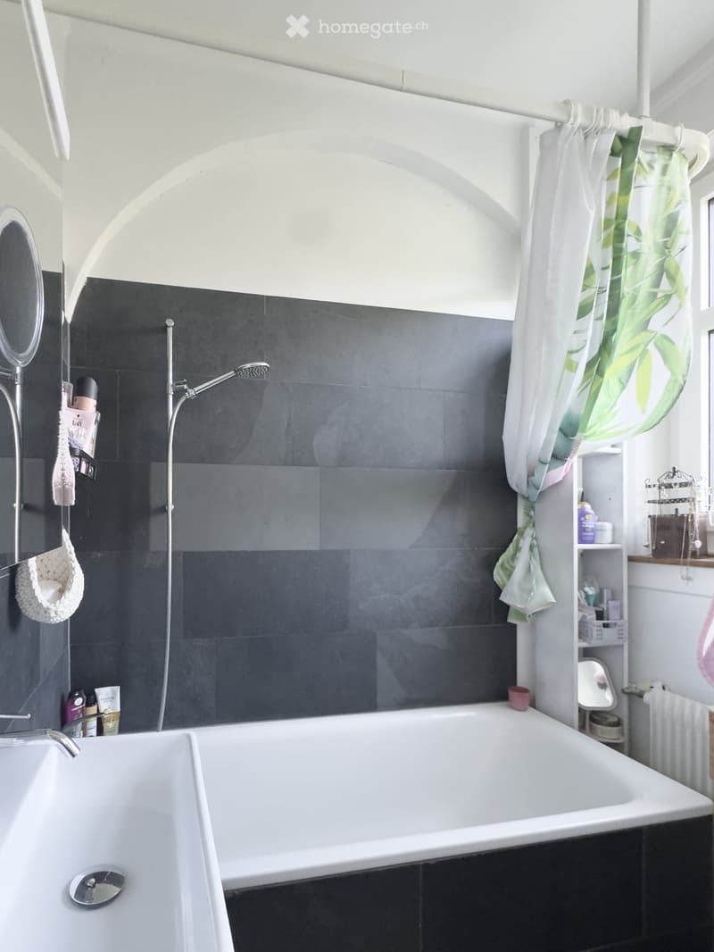 Modern bathroom with a large bathtub, separate shower area, white sink, and dark grey tiles. Features a decorative shower curtain, shelves with toiletries, and a towel hanging on the wall.
