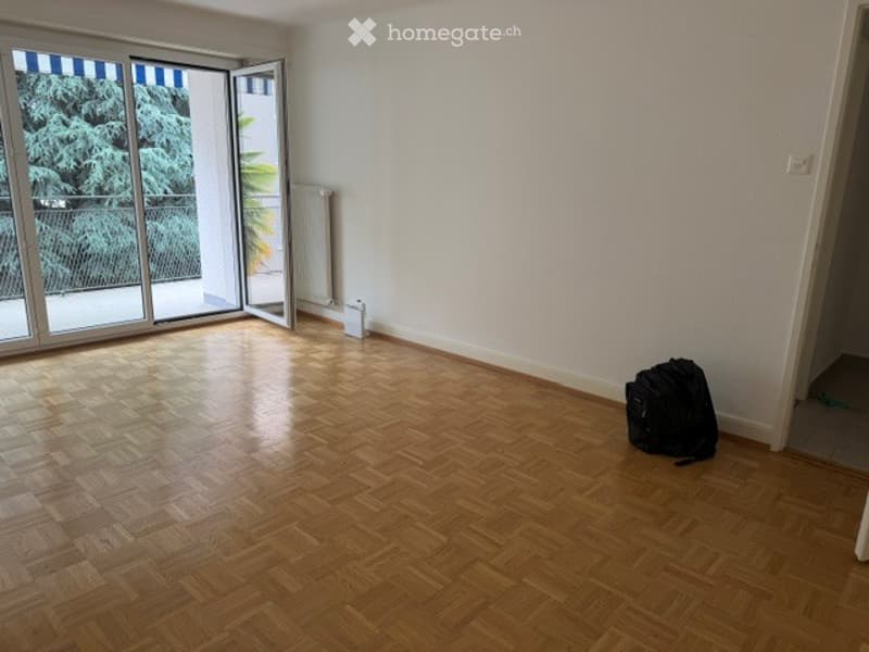 Empty room with wooden herringbone flooring, large glass sliding doors leading to a balcony, white walls, and a radiator visible.