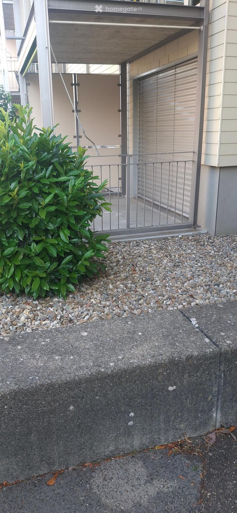 A small outdoor area with a concrete staircase leading up to a covered entrance. The area is bordered by a metal railing and has a small patch of gravel and a green bush on one side.