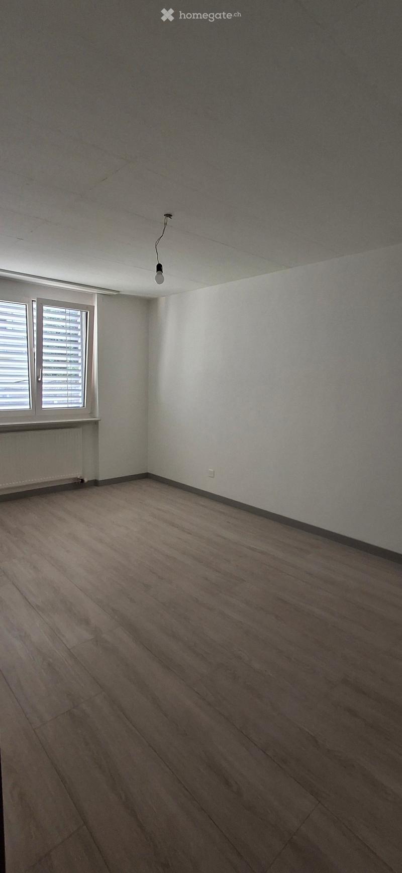 Empty room with wooden flooring, white walls, and a single window with blinds. A radiator is visible below the window, and a single light fixture hangs from the ceiling.