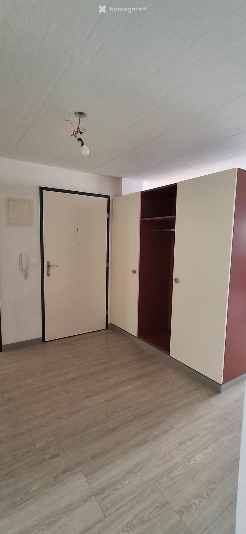 Empty room with wooden flooring, white walls, a closed door, and a built-in closet with shelves.