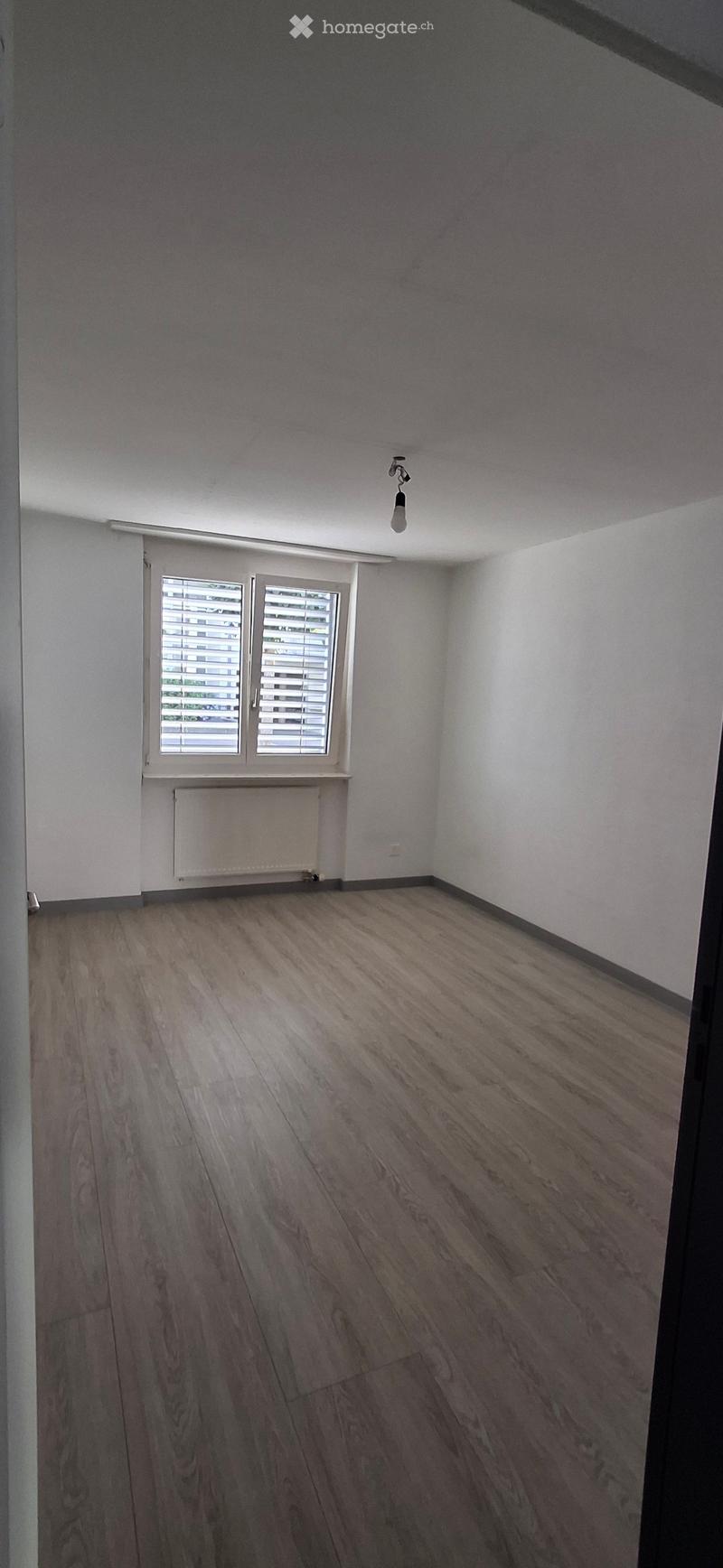 Empty room with wooden flooring, white walls, and a window with blinds. A radiator is visible below the window, and a ceiling light fixture is present.