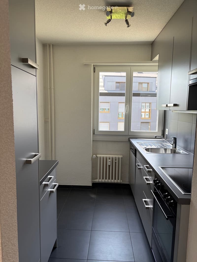 Modern kitchen with dark grey tiles, stainless steel sink, oven, and radiator. The space features built-in cabinets and a window offering a view of the building exterior.