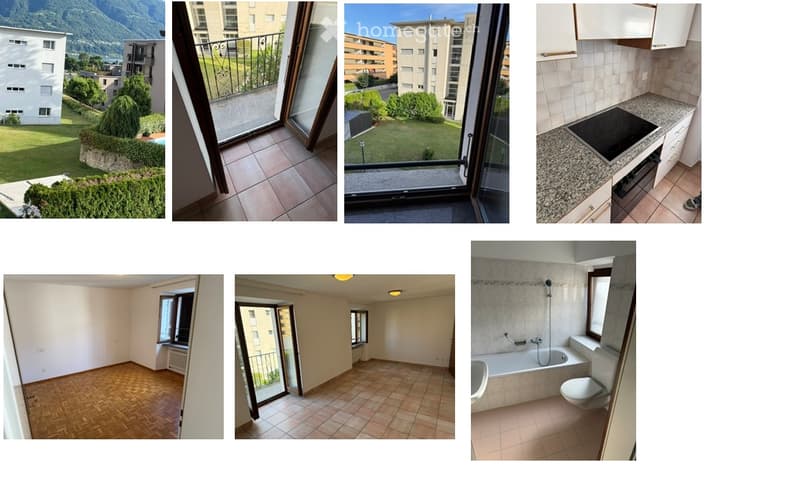 A collection of images showcasing a modern house with multiple rooms, including a balcony with a scenic view, a kitchen, a bathroom, and several unfurnished rooms with large windows and tiled floors.
