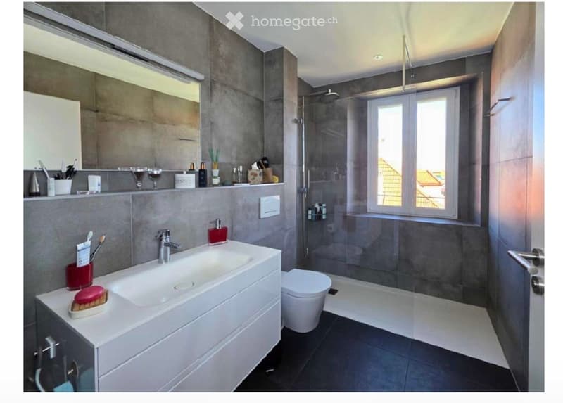 Modern bathroom with a white sink, toilet, large mirror, and a glass-enclosed shower. The walls are covered in grey tiles, and the floor is dark. A window provides natural light.