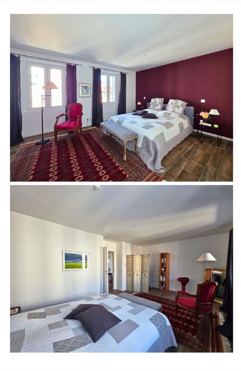 Two bedroom images: first with a large bed, red chair, nightstand, bench, and floor lamp; second with a bed, red chair, nightstand, cabinet, bookshelf, and mirror.