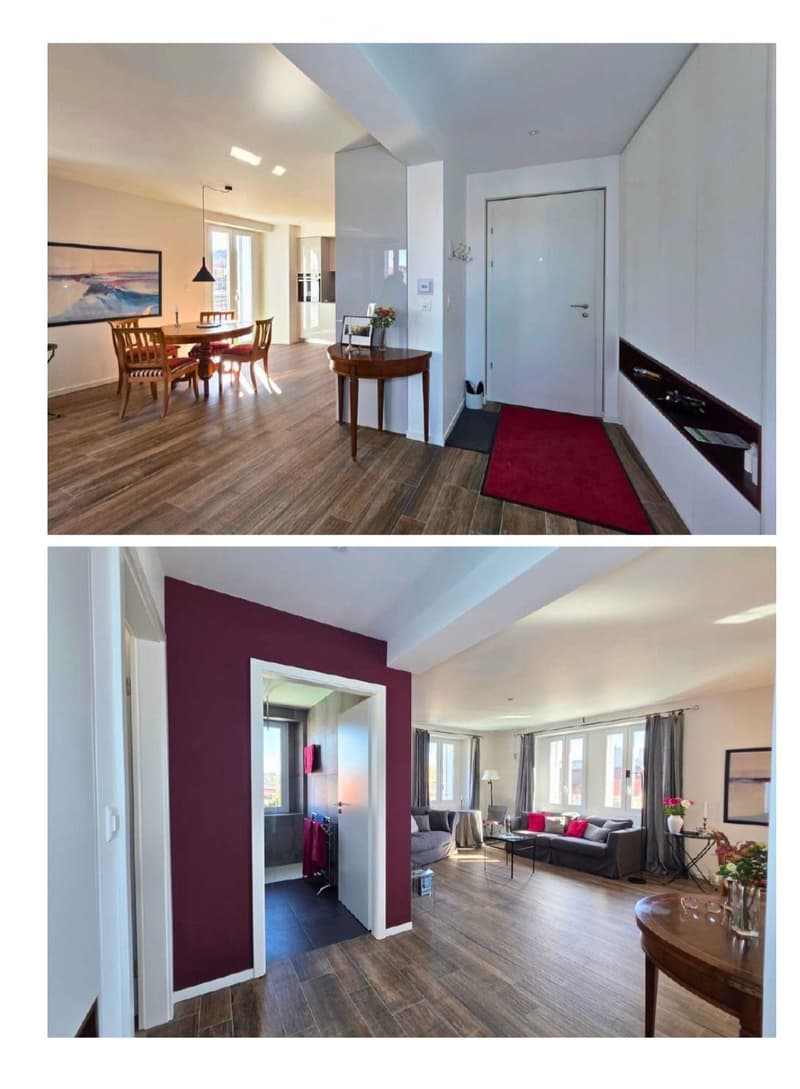 The image shows a modern, well-lit interior with a dining area and a living room. The dining area features a wooden dining table with chairs, a side table with a vase, and a picture frame on the wall. The living room includes a grey sofa, a coffee table,