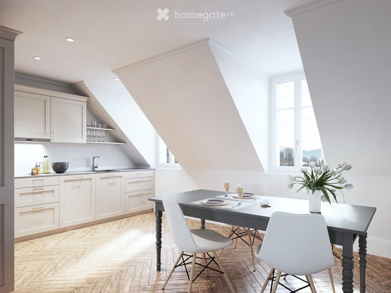 Bright kitchen with white cabinets, a dark dining table, white chairs, and a vase of white flowers on the table. The kitchen features a sink, faucet, and various bottles on the counter.