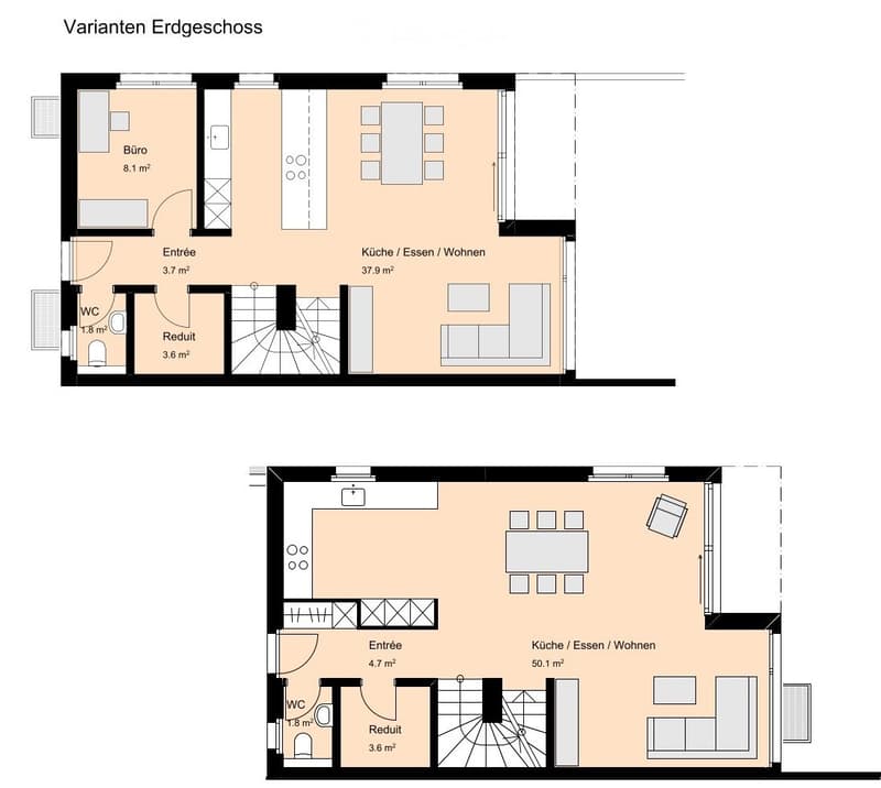 Floor plan of a ground floor showing a combined kitchen/dining/living area, entrance, WC, and a small office. The second floor plan shows a similar layout with a larger combined kitchen/dining/living area and a more spacious entrance.