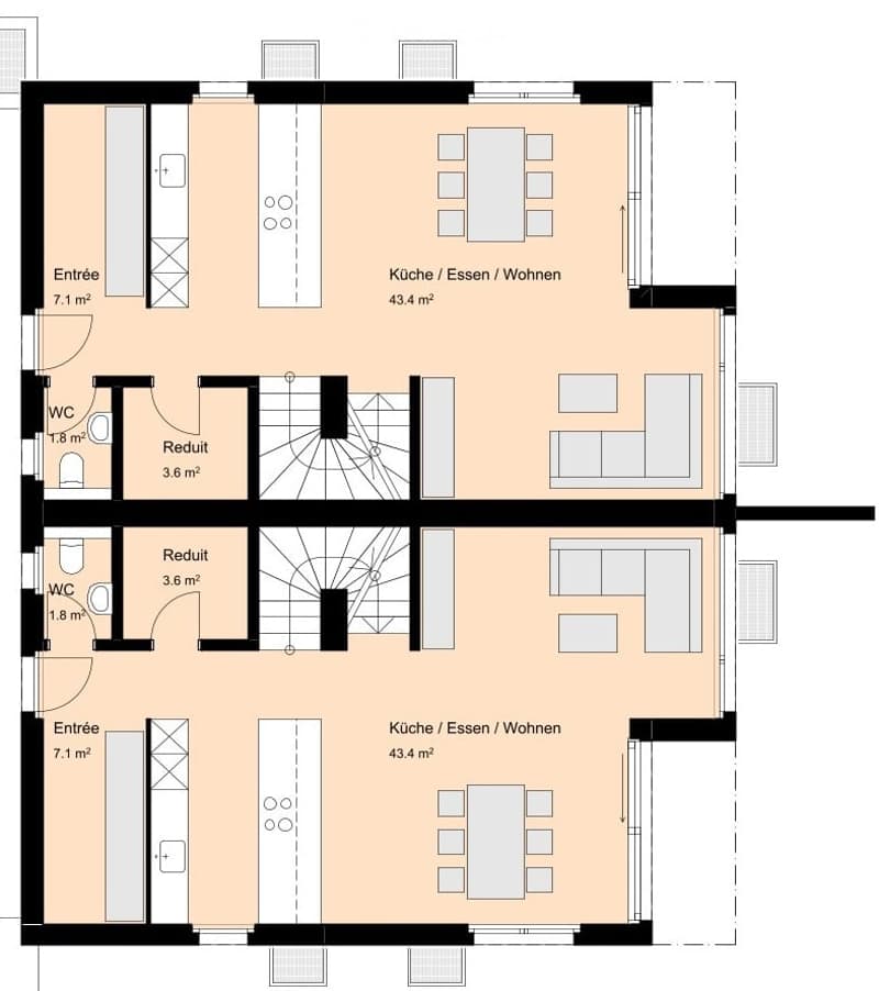 Floor plan of a two-story apartment with two entrances, two kitchens/dining/living areas, two bathrooms, and two bedrooms.