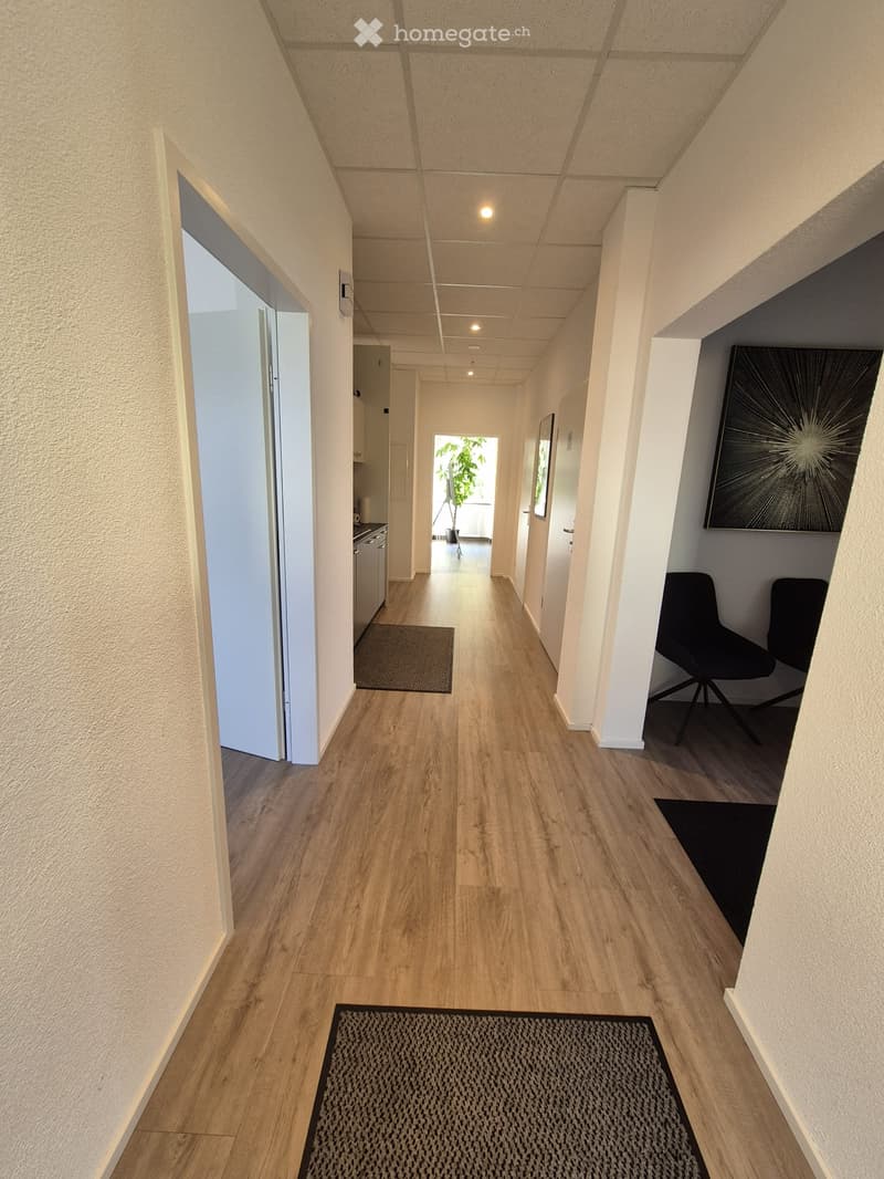 A well-lit hallway with wooden flooring, white walls, and several doors leading to different rooms. There are rugs placed along the floor and a modern abstract painting on one wall.