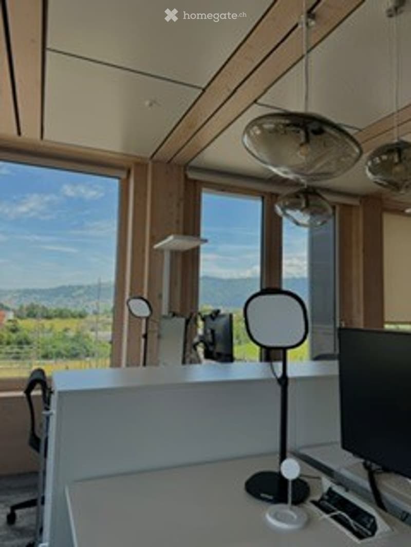 Modern office space with large windows offering a scenic view, equipped with a desk, chair, computer monitor, and a decorative mirror.