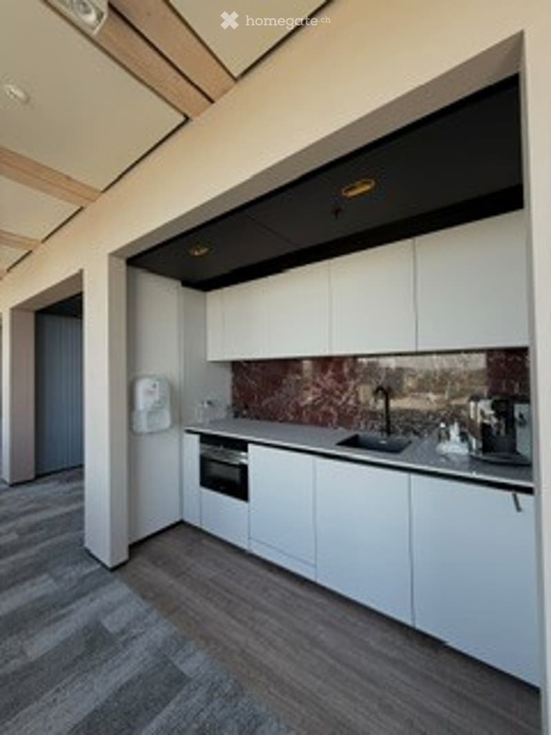 Modern kitchen with white cabinets, dark countertops, and stainless steel appliances. Features include a built-in refrigerator, oven, and sink with a modern faucet.