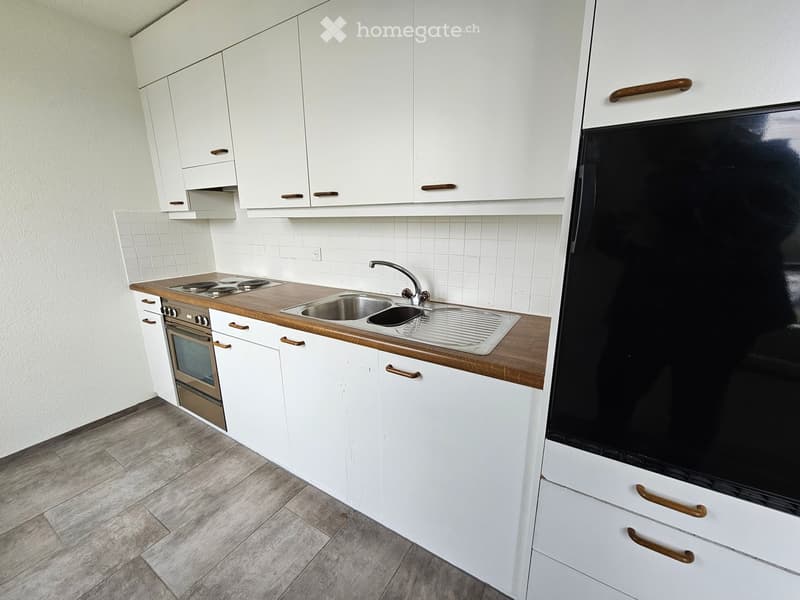 Modern kitchen with white cabinets, wooden countertops, stainless steel sink, and built-in oven and refrigerator.