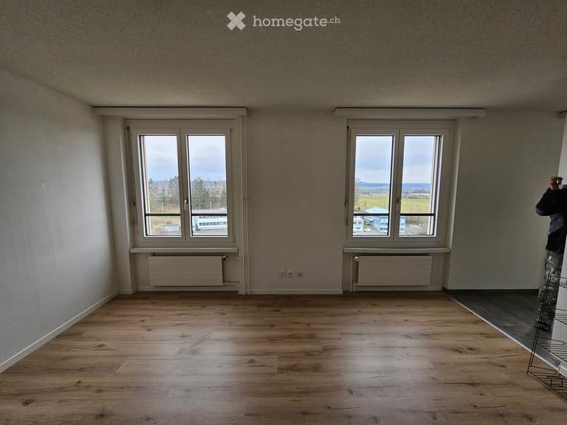 Empty room with wooden flooring, large windows, radiators, and white walls.