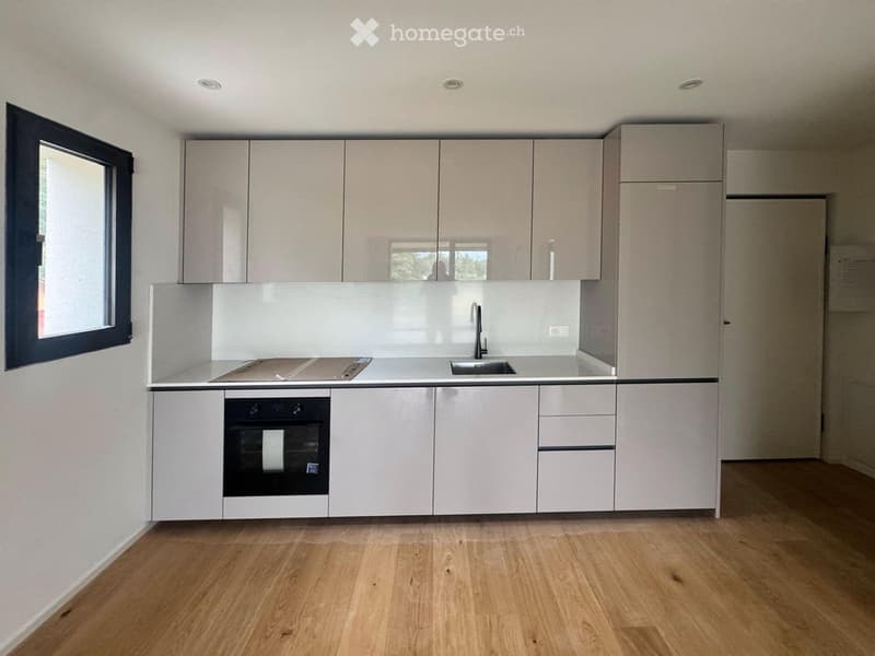 Modern kitchen with white cabinets, a sink, and an oven, featuring a large window and wooden flooring.