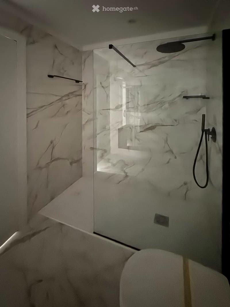 Modern bathroom with a glass-enclosed shower stall featuring marble-patterned tiles and a handheld showerhead.