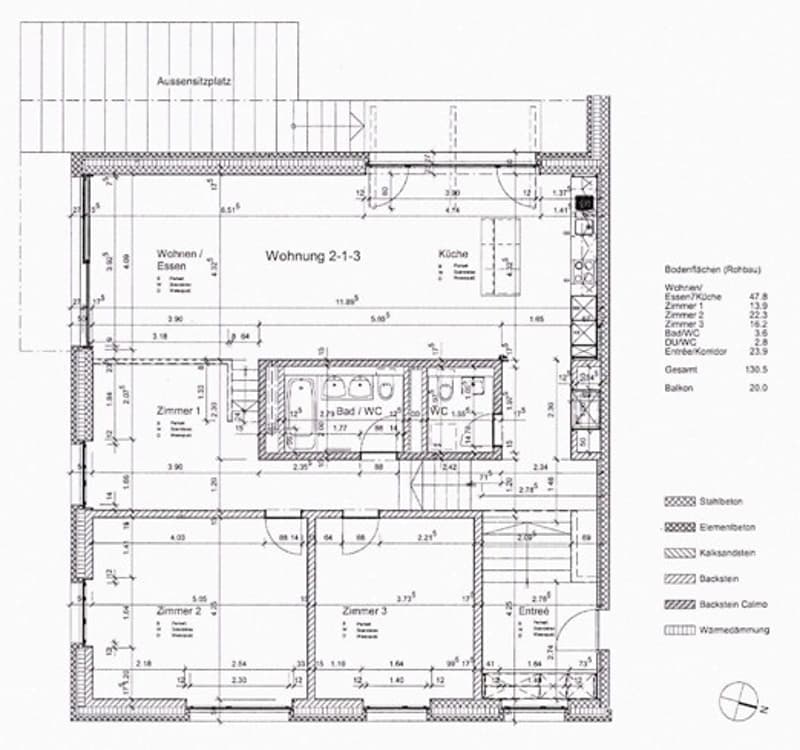 Floor plan of a multi-room apartment including living room, kitchen, three bedrooms, two bathrooms, entrance, and balcony.
