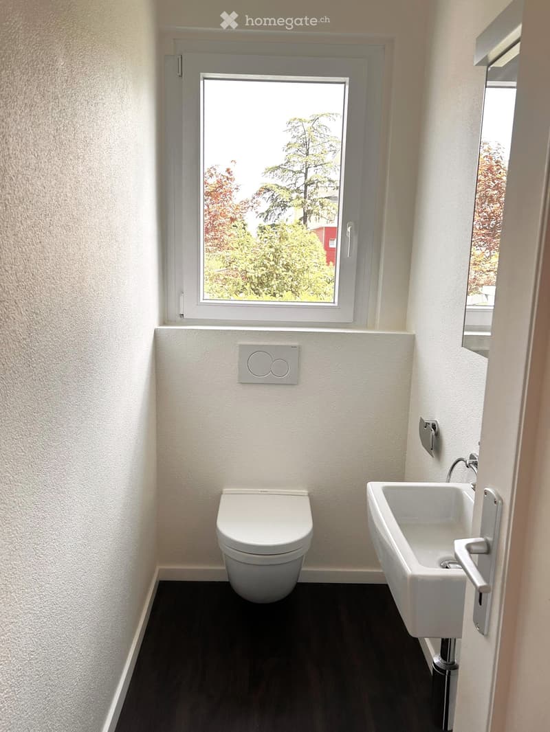 Modern bathroom with white toilet, sink, and dark flooring. Features a large window with a view of greenery.