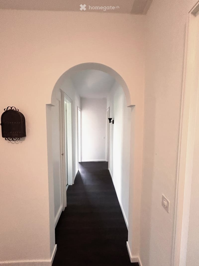 A long, narrow hallway with light-colored walls, dark carpeted floor, and several doors on both sides. An arched ceiling adds architectural interest.